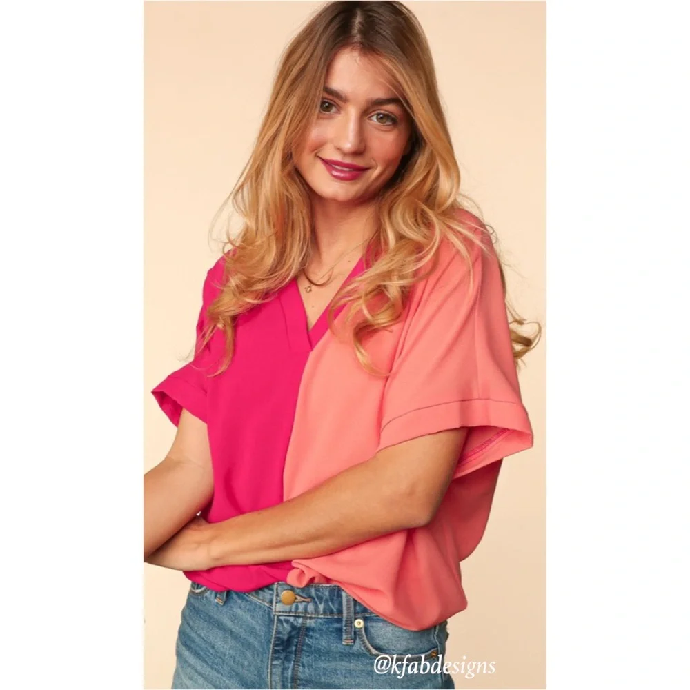 LAST 1! V Neck Color Block Pink/orange Woven Top! - Picture 6 of 7